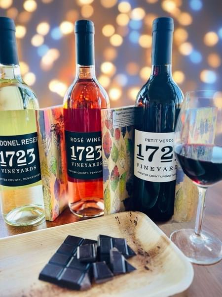 Wine & Chocolate Full Pairing Set: Chardonel with Lemon & Ginger Dark Chocolate, Rose with Vegan Dark Chocolate with Hazelnut, & Petit Verdot with Dark Chocolate with Pomegranate