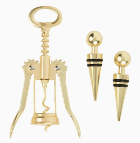 Gold Corkscrew with 2 Bottle Toppers