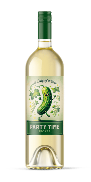 Bottle of Party Time Pickle dill pickle flavored white wine from Mendocino Wine Co.